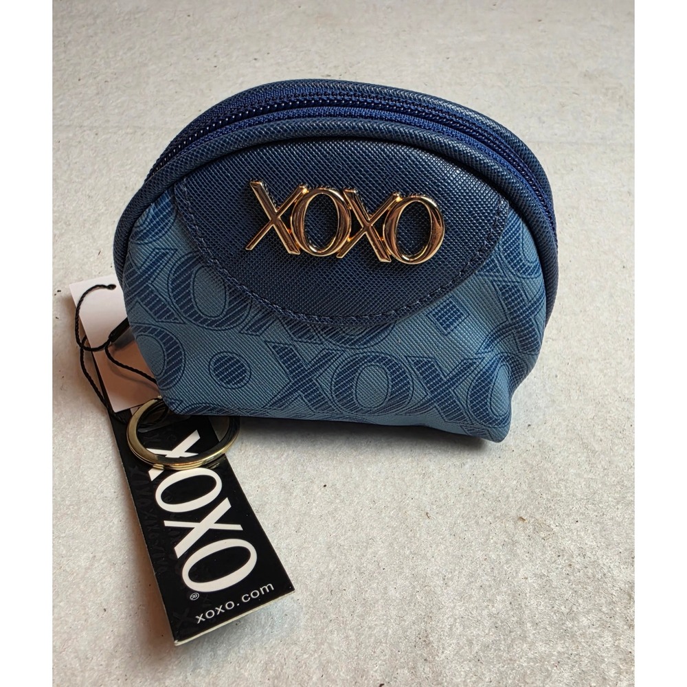 XOXO Blue Monogram Faux Leather Dome Coin Purse Key Ring New With Tags